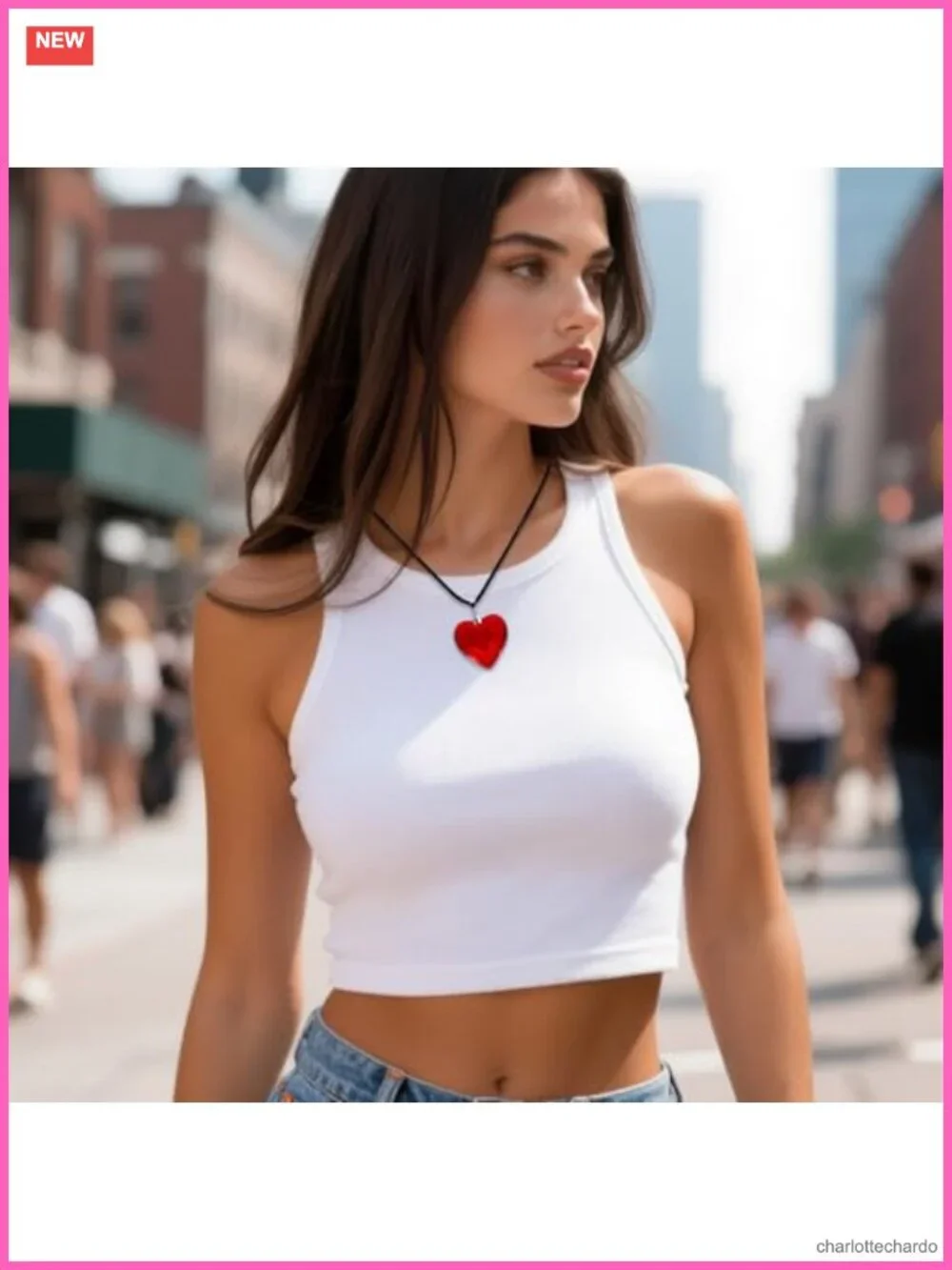 Waxed Cord Choker Necklace with Glass Heart Pendant Retro Y2K Jewelry